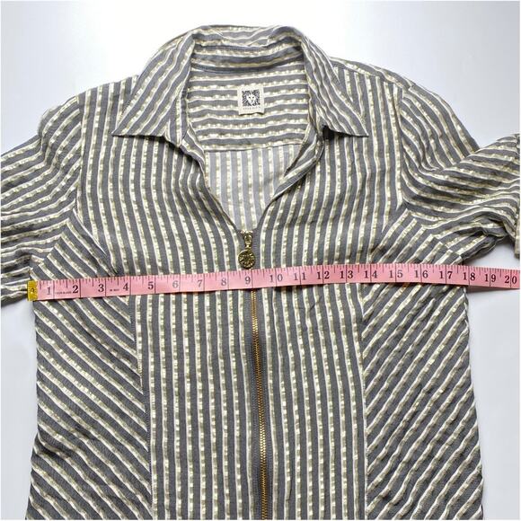 Anne Klein Gold Stripe Zip Front Blouse Women Short Sleeve Career Top - Picture 10 of 13